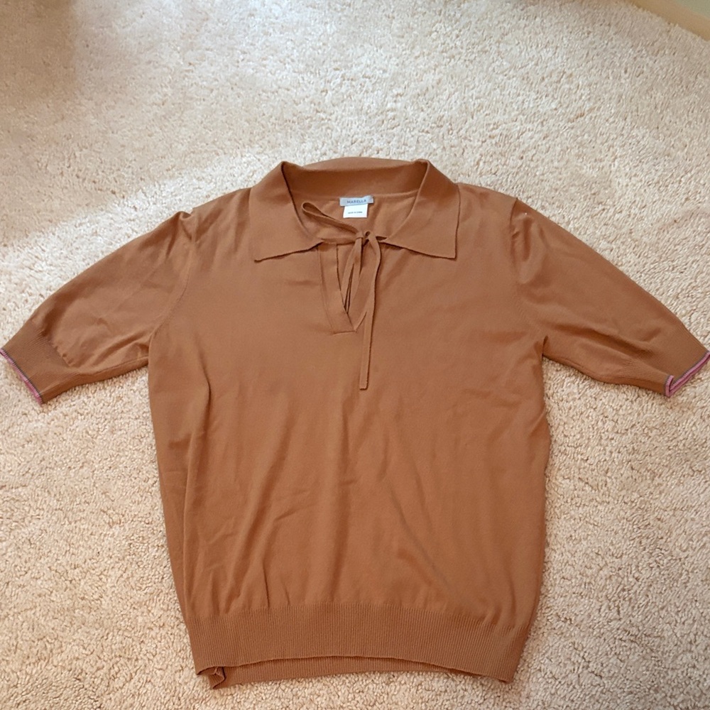 Women’s Tan  Short-Sleeve Tie-Neck Sweater
